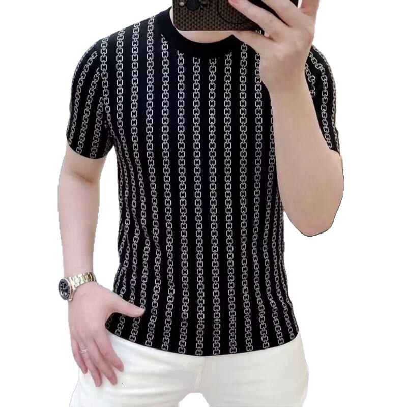 2026 High-End Ice Silk Short Sleeve T-Shirt For Men, Breathable, Cool, Slim Fit, Vertical Stripes, Summer Wear, Unique Style - view 6