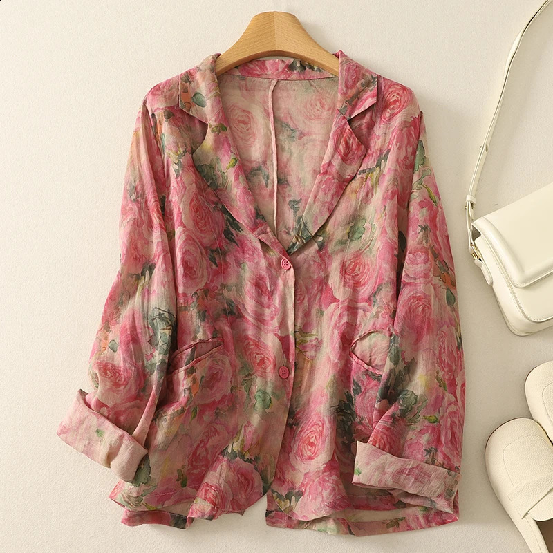 Summer Vintage Fashion Printing Cotton Linen Women Blazer Thin Cool Long Sleeves Loose Casaul Jacket 260625 - view 3