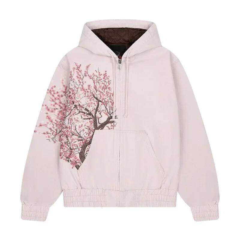 Harajuku Plum Tree Embroidered Oversized Pink Zipper Hoodies For Men and Women Y2K New Gothic Fashion Retro Street Sweatshirts W260626 - view 3