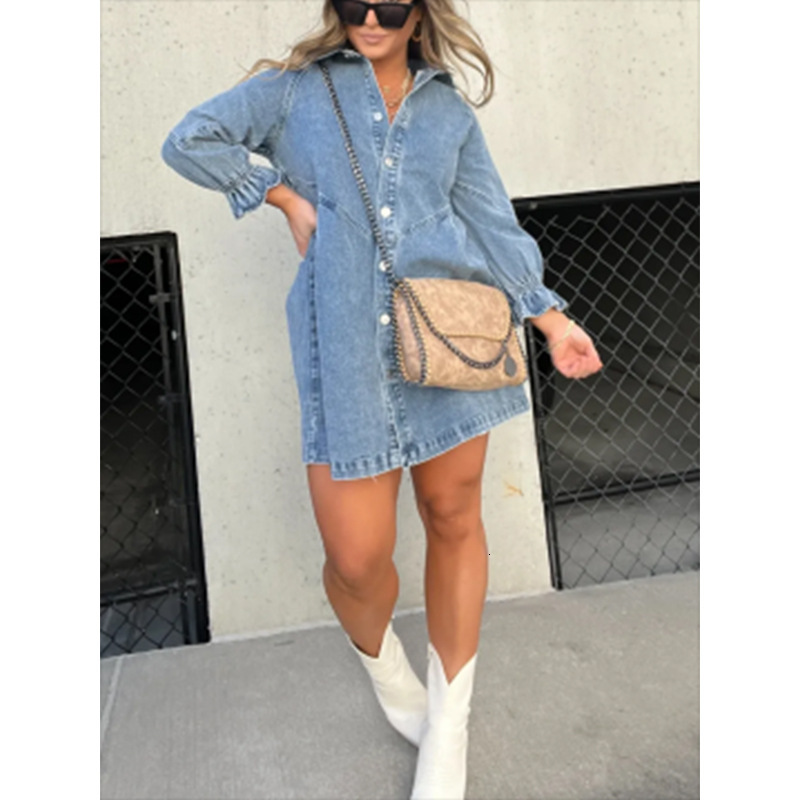 2023 New Hot-Selling Washed Shirt Denim Skirt Lantern Sleeve Loose Dress for Women - view 3