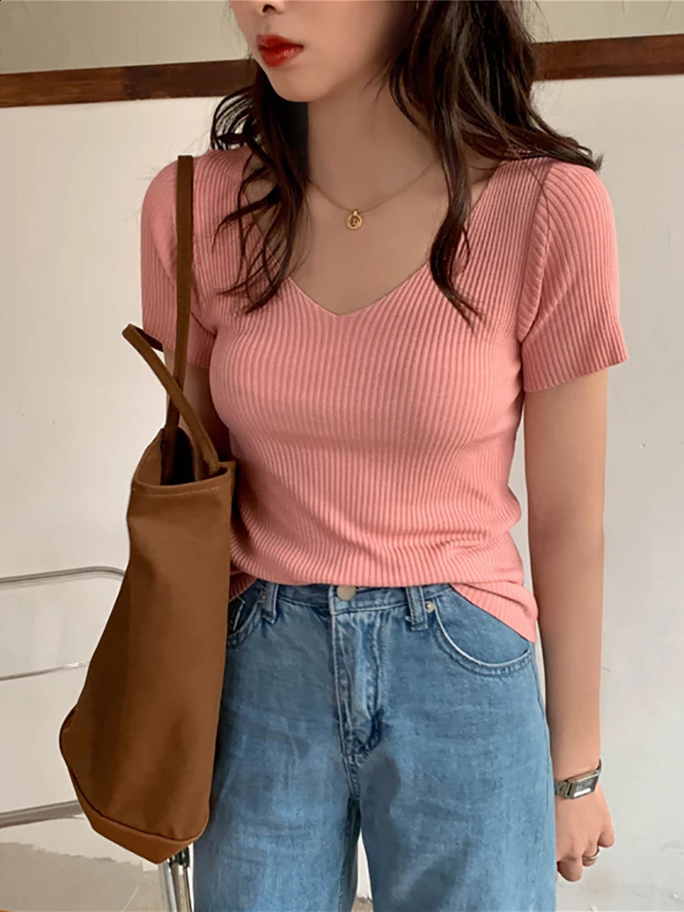 2026 Summer Slim Short Sleeve Bodycon Sweater Basic V-neck Solid Thin Pullover Women Female Knitted Ribbed Sweater 260626 - view 4