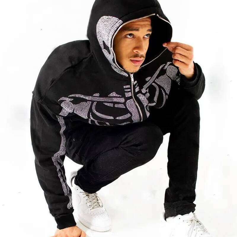 Full Zip Up Hoodie Rhinestone Skeleton Goth Sweatshirt Sport Couple Outfit Black Long Sleeve Oversized Grunge Y2k Hip Hop Jacket W260626 - view 6
