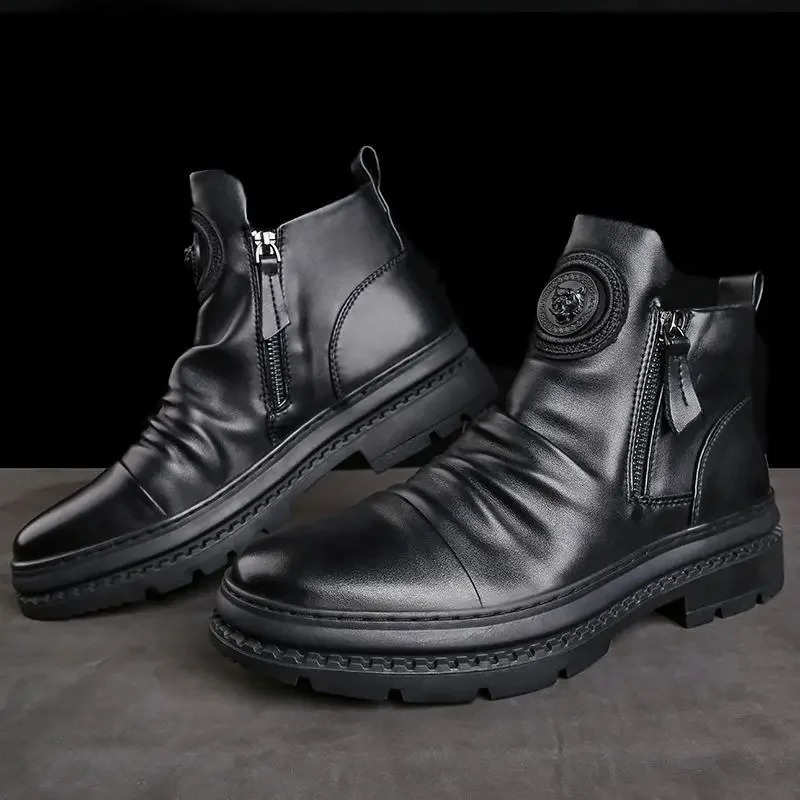 Mens Motorcycle Leather Boots British Style Round Head High Top Shoes Side Zip Walking Casual Platform Bota Masculina 260624 - view 3