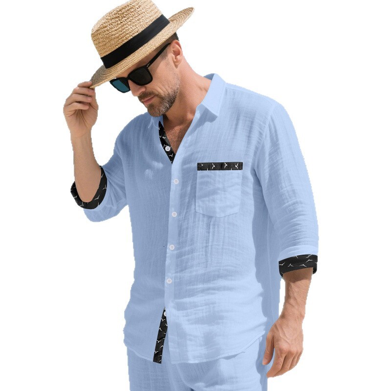 Mens long-sleeve linen shirt American style rugged casual old money style collared color-blocked shirt for men - view 6