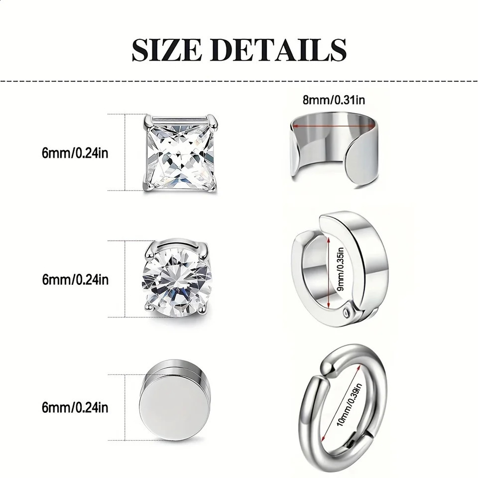 2pcs Unisex Fashion Stainless Steel Magnetic Cubic Zirconia Ear Clips Nonpiercing Adjustable Clipon Earrings for Men Women 260623 - view 7