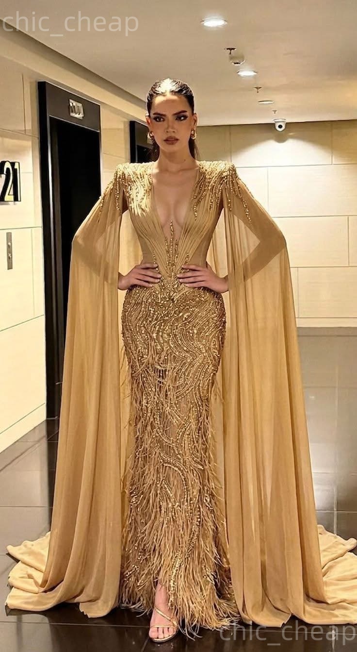 Aso Ebi Gold Mermaid Prom Dress 2026 Evening Dress Deep V-neck Beaded Feather Sequined Birthday Formal Women Pageant Party Gowns Long Dinner Dresses Z - view 3