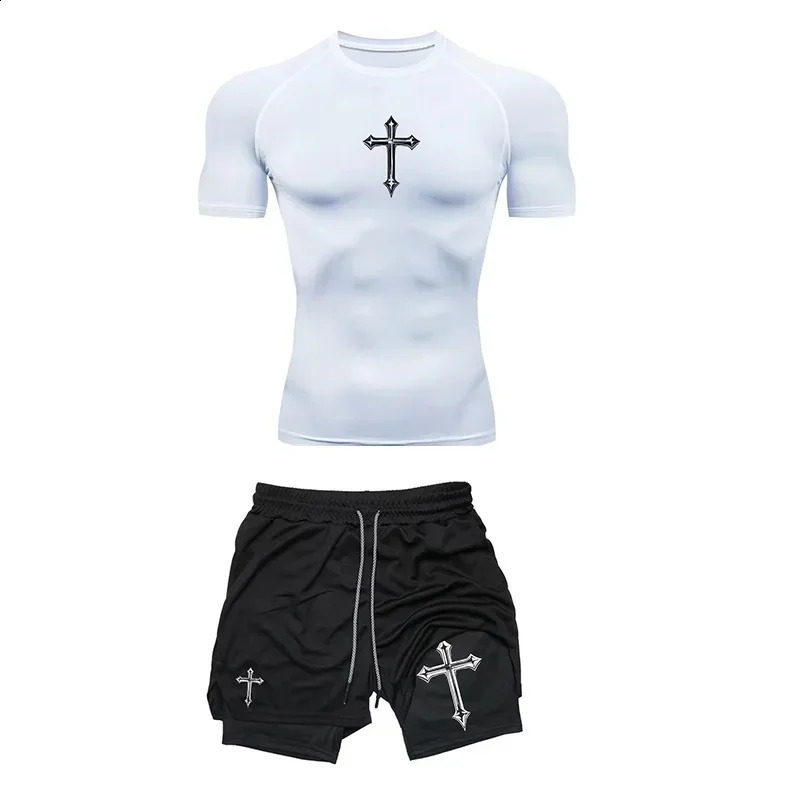Fashionable printed breathable compression sportswear mens training twopiece set tight Tshirt shorts gym workout 260615 - view 4