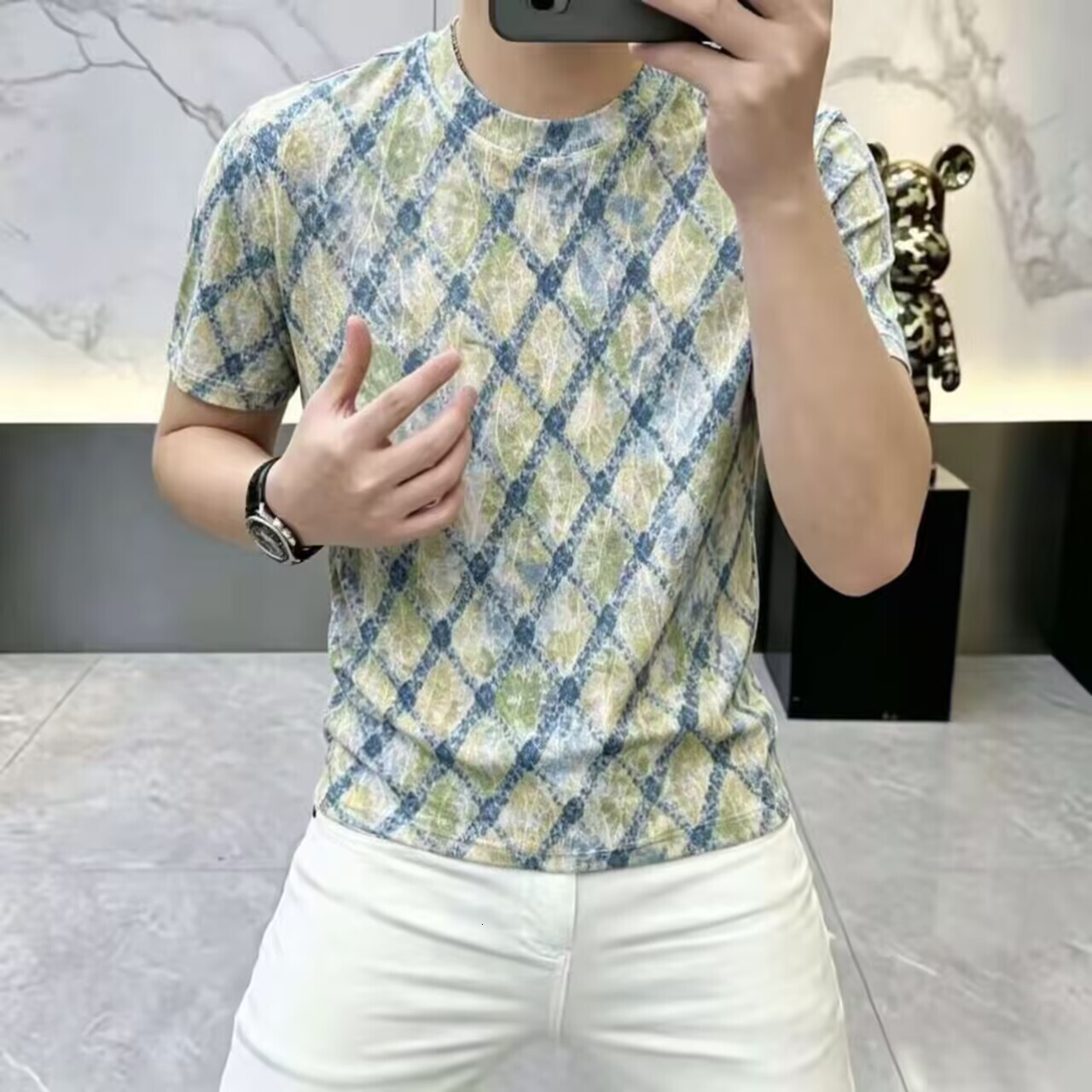 High-End Ice Silk Color-Block Men's Short-Sleeve Breathable Versatile Casual Hollow-Out T-Shirt With Round Neck - view 3
