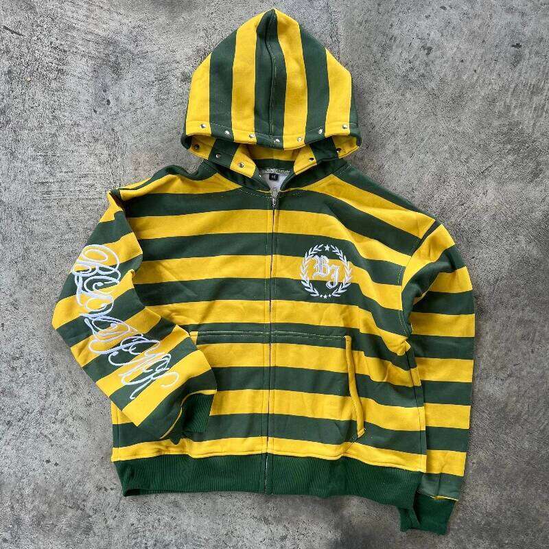Y2K Street Kid Zip Up Hoodie Stripe Rivet Embroidery Pattern Sweatshirt New Men Hip Hop Fashion Streetwear Unisex Boxy Clothing W260626 - view 3