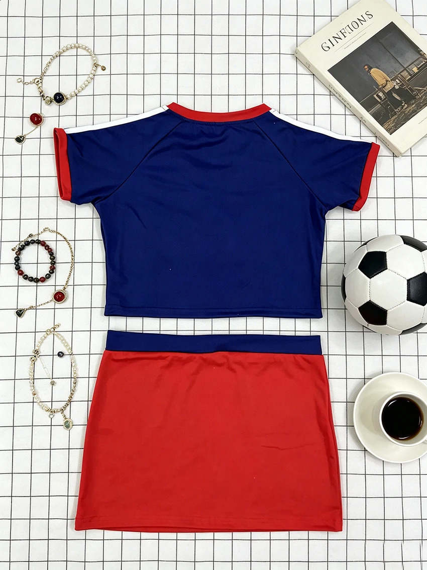 Women Y2K Sporty 98 Print 2Piece Outfit Cropped Top Mini Skirt Color Block Slim Fit Casual Streetwear CoOrd Set 260625 - view 3