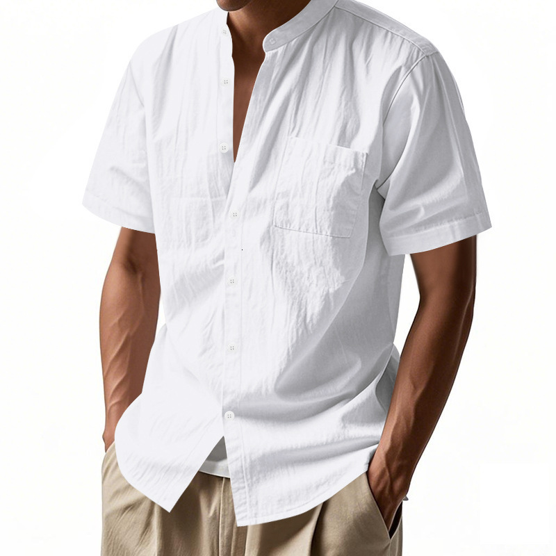 Mens Summer Loose Linen T-Shirt Solid Color American Style Henley Collar Beach Short Sleeve Shirt - view 7