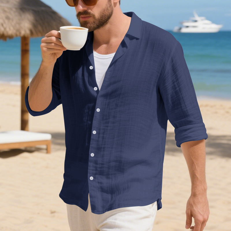 Spring and Autumn Linen Mens Long-Sleeve Shirt American Style Loose Button Hawaiian Casual Turn-Down Collar Shirt - view 8