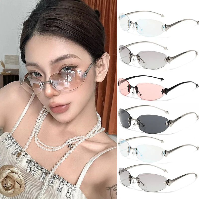 Y2K Fashion Vintage y ner Rimless Oval Sunglasses Women for Men Sun Glasses Punk Rivet Star Small Shades 260626 - view 3