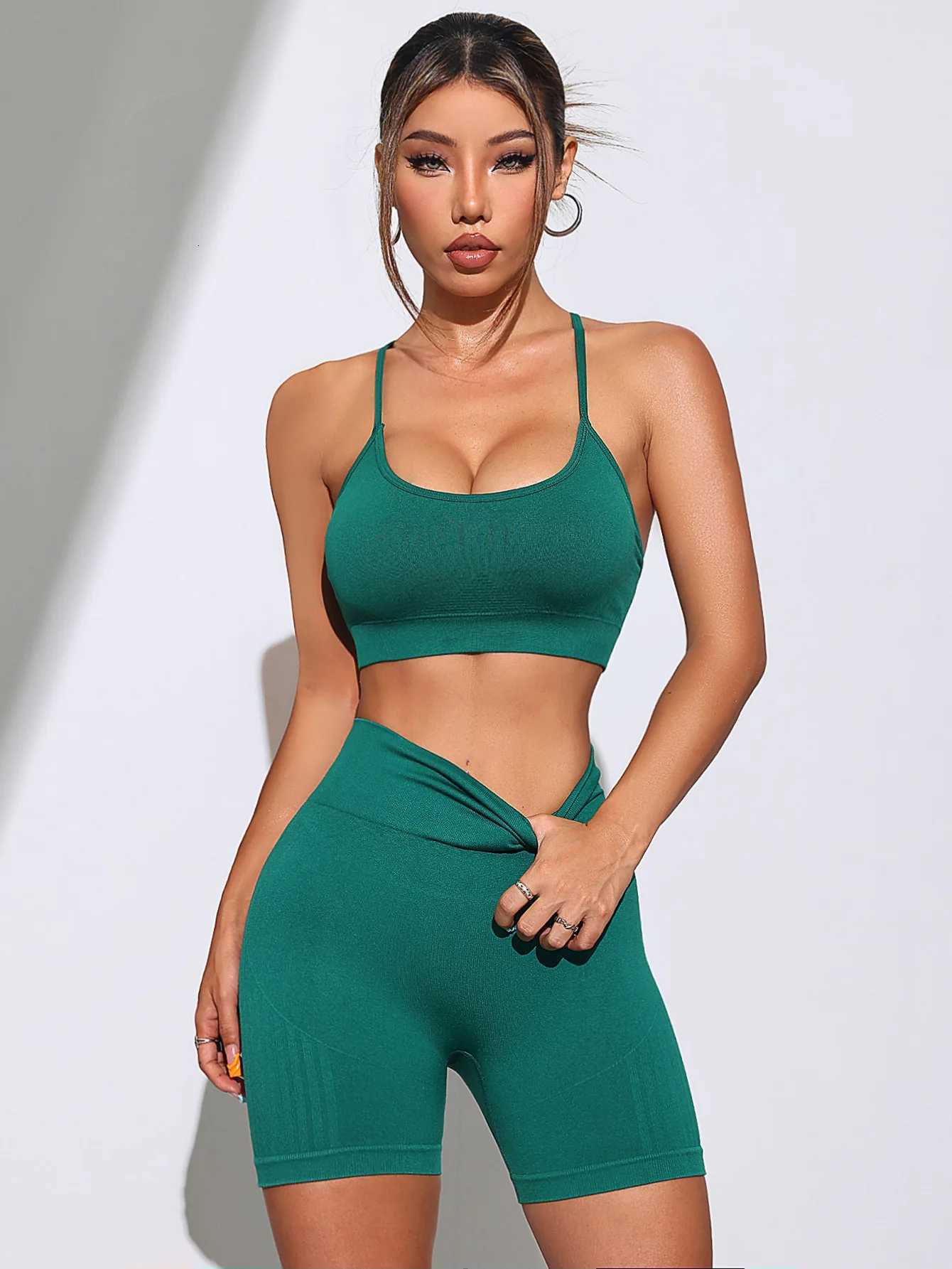 Yoga 2 PCS Womens Seamless Set Sexy Sport Removable Bra Pad High Waist Shorts Gym Fitness Sleeveless Workout Suit Sportswear M260626 - view 3