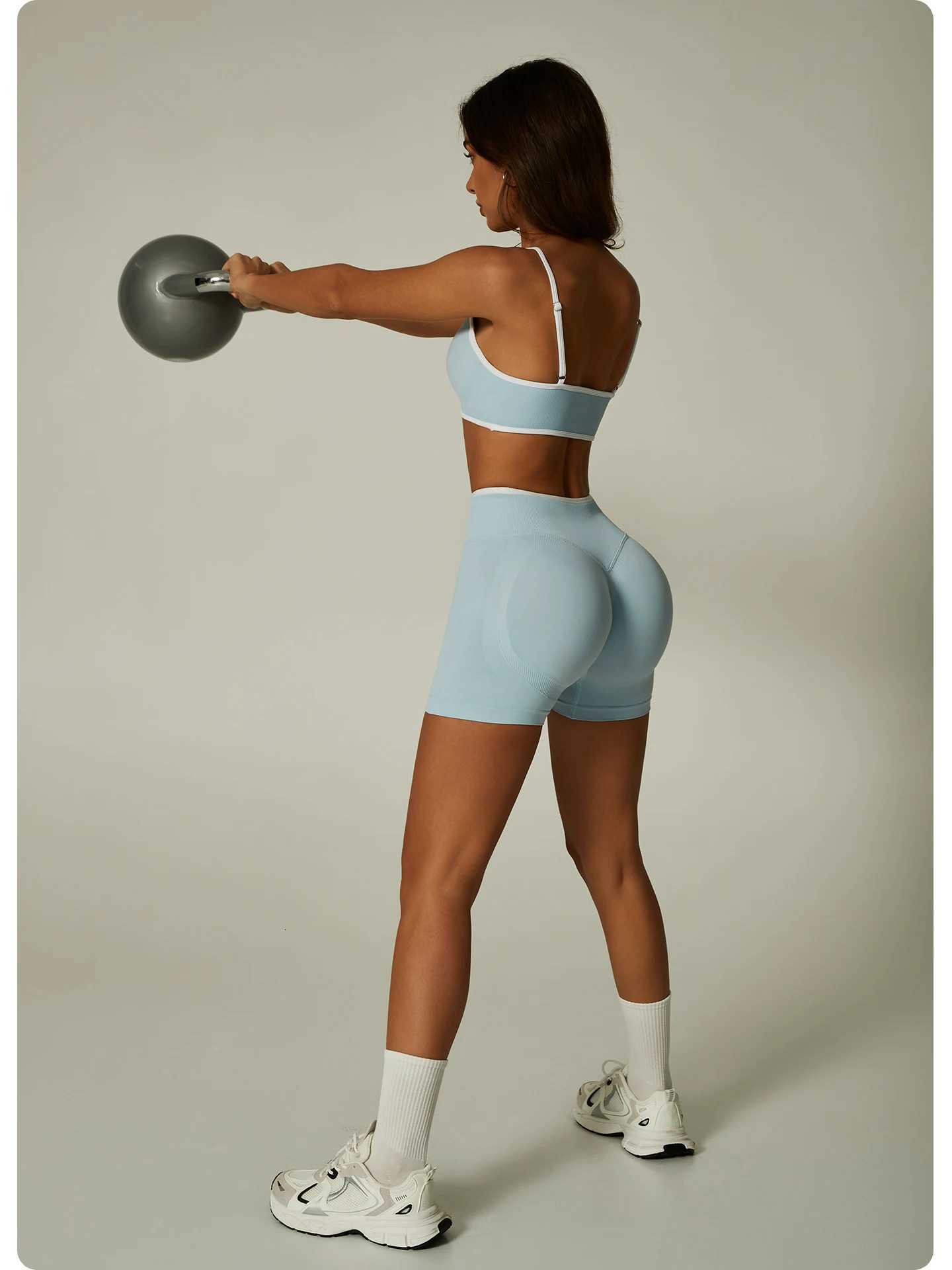 Ribbed Yoga Shorts Women Seamless High Waist Biker Shorts Contrast Trim Tummy Control Workout Gym Fitness Shorts Activewear M260626 - view 6