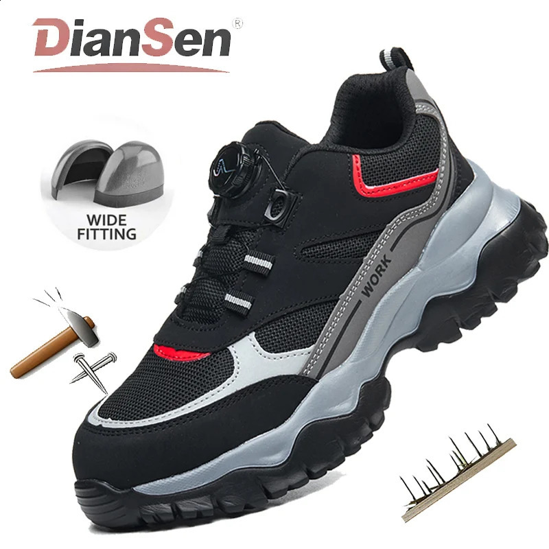 Mens Work Shoes Steel Toe Safety Boots Antismash Black Lightweight Breathable Sneakers Rotary Button 260624