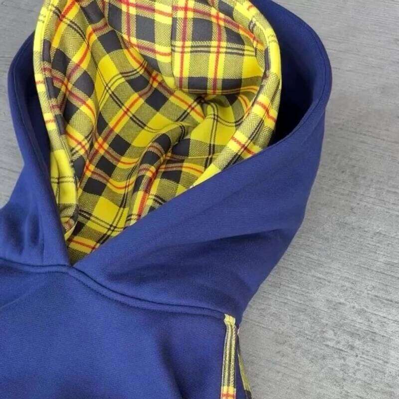 Y2K Retro Stripe Hoodie Double Hood Blue Yellow Contrast Plaid Side Tape Sweatshirt Hip Hop Streetwear Unisex Boxy Clothes W260626 - view 3