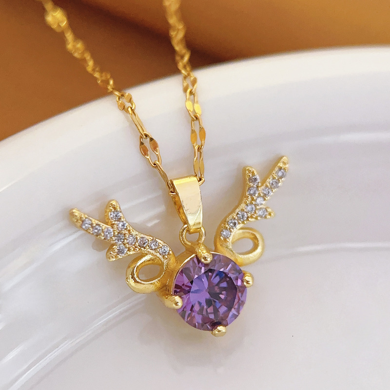 Necklace Titanium Steel Non Fading Versatile Fashion Necklace For Women 18K Gold Plated Micro Inlaid Zircon Four Leaf Clover Light Luxury Purple Colla - view 5