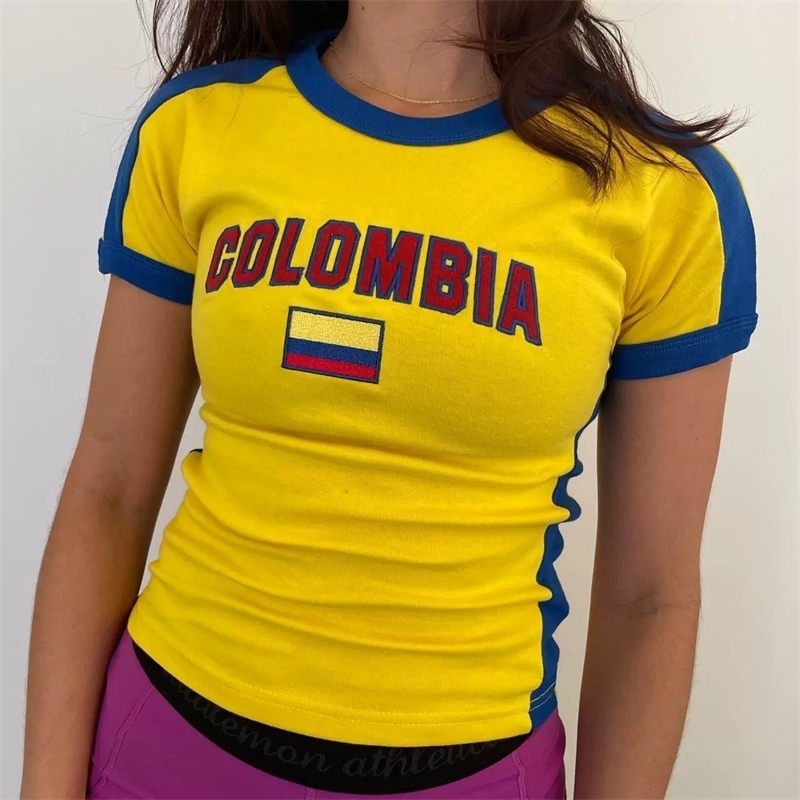 Y2k Clothes Vintage T Shirts Gothic Girls Cute 2000s Grunge Streetwear Colombia Letter Embroidered Cropped Top Women Tshirt 260603 - view 5