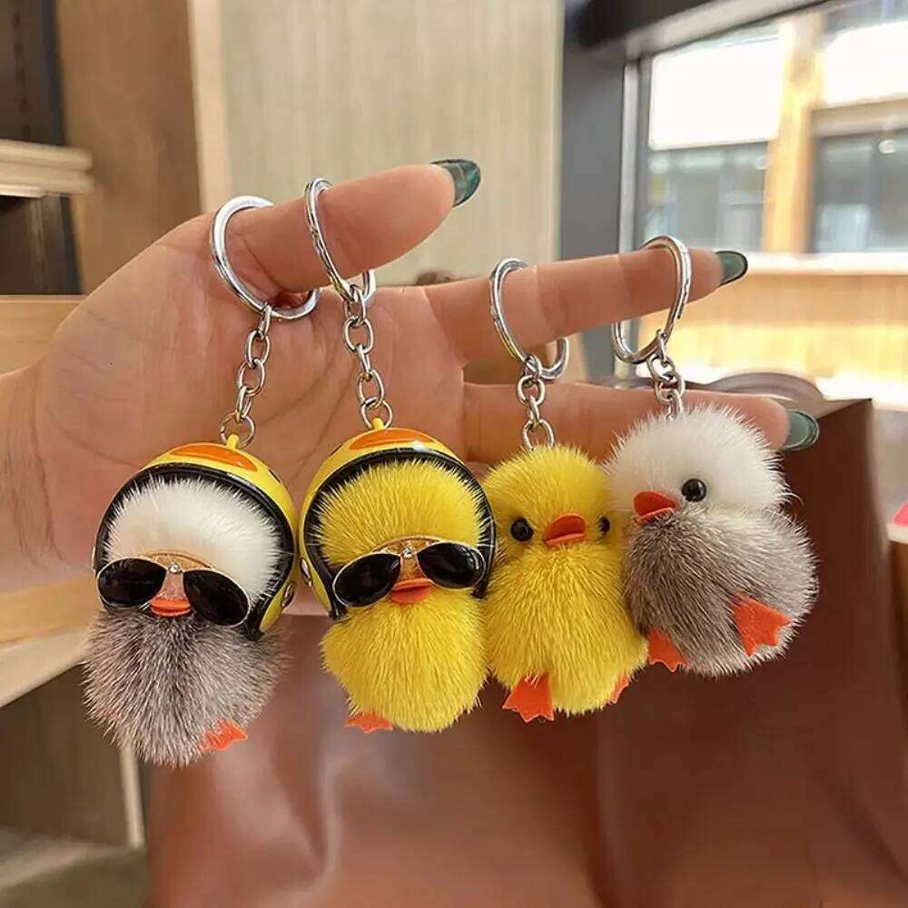 New Women Keychain Creative Unique Mini Yellow Duck Car Key Ring Mink Fur Funny School Bag Pendant 26Y0626 - view 4