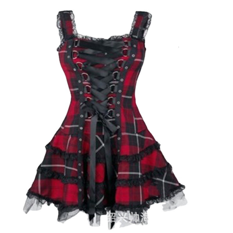 New womens plaid print lace trim dress sleeveless mesh midi dress - view 5