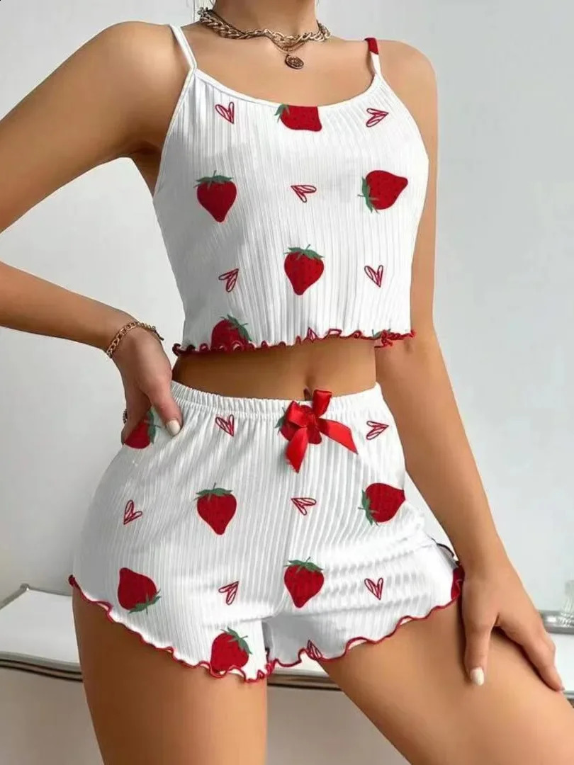 Strawberry Printing Casual Camisole Vest Tops and Shorts 2 Pieces Pajamas Set Womens Summer Sleepwear Loungewear 260625