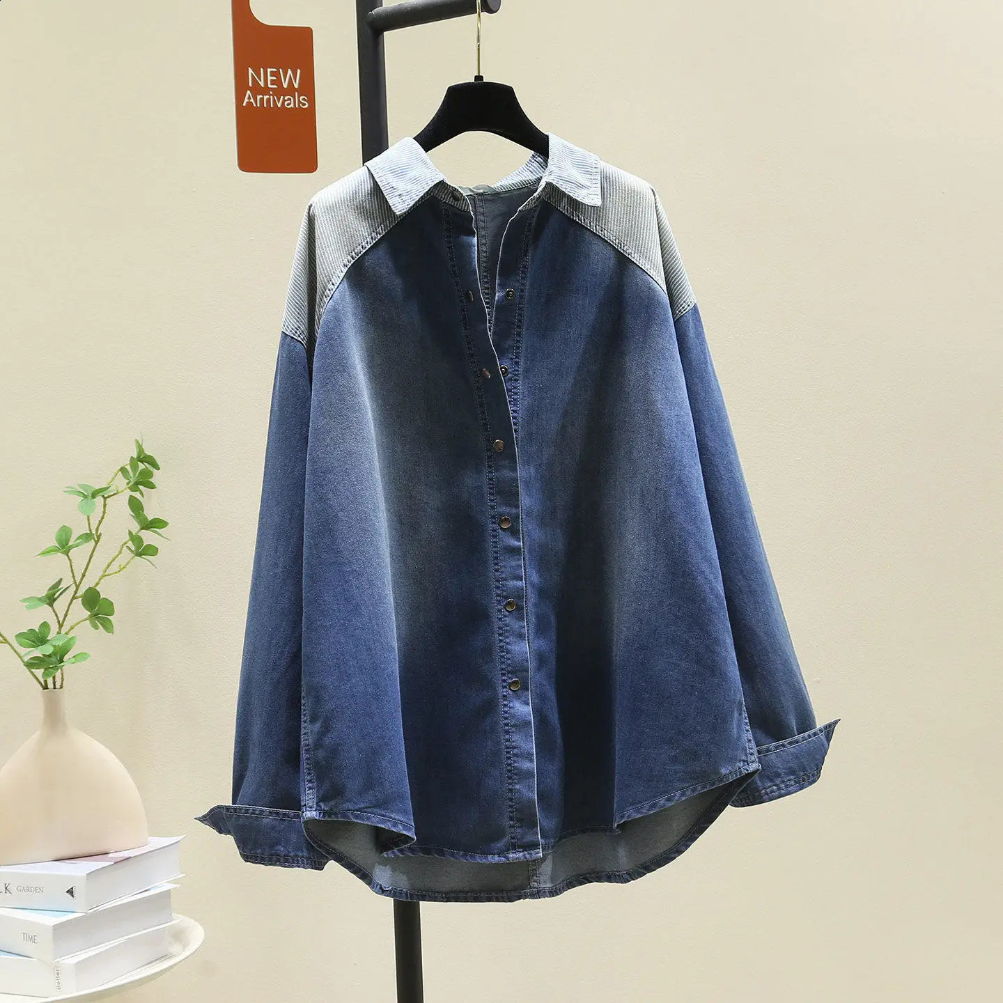 SuperAen Mid-length Vintage Striped Patchwork Denim Blue Shirt for Women 2026 Spring n Loose Shirt Tops 260626 - view 3
