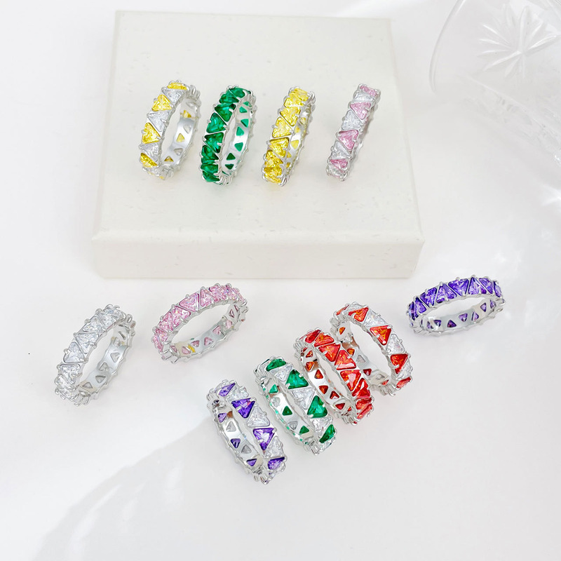 Ring Fashionable Full Circle Triangular Cutting Diamond Arranged Colorful Zircon Ring For Women Exquisite Diamond Inlaid Ring Jewerly Designer For Wom - view 3