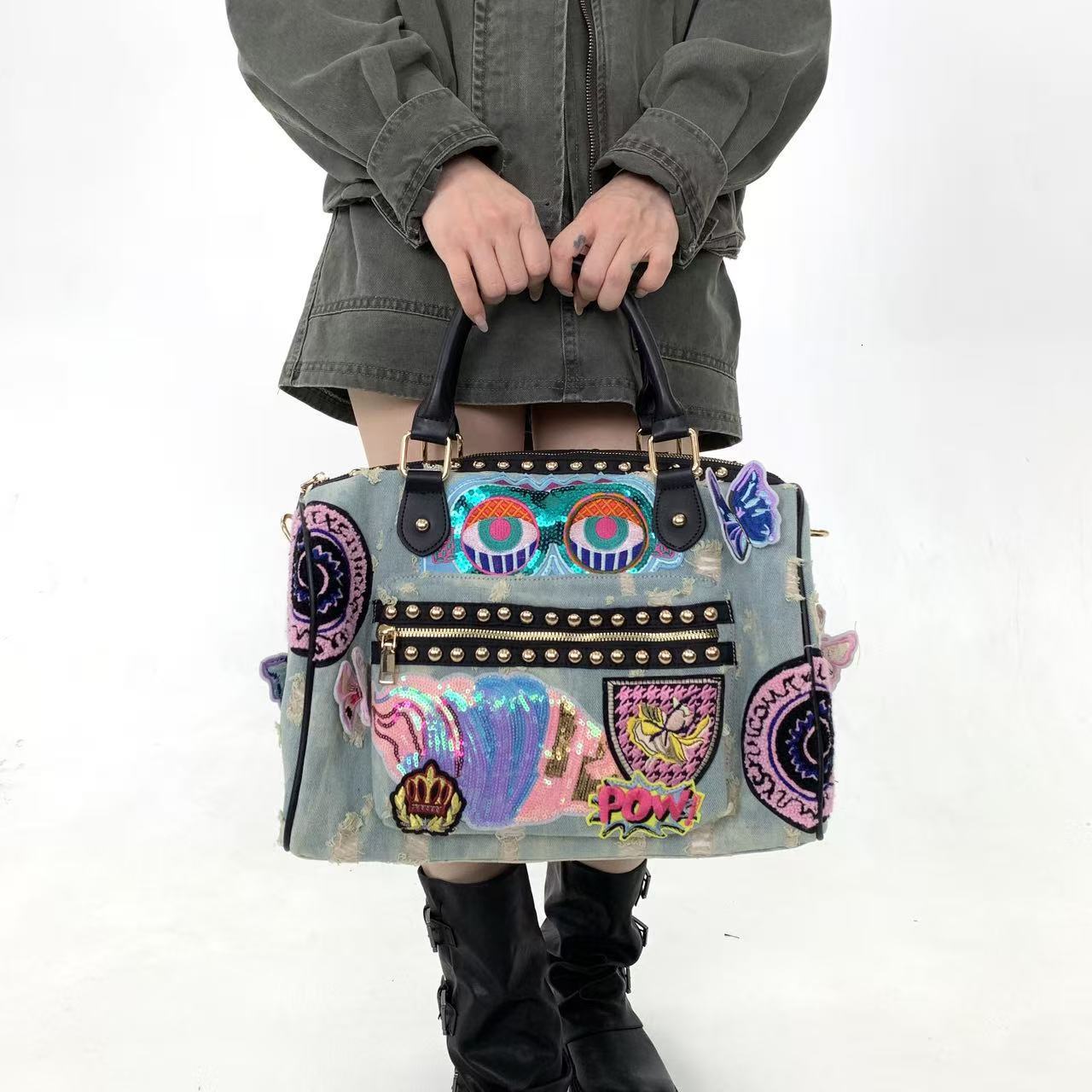 Hot Denim Patchwork Handbag Sequin Embroidery Boston Bag Rivet Crossbody Shoulder Purse, Colorful Cartoon Sequins Badge Studded Design - view 3