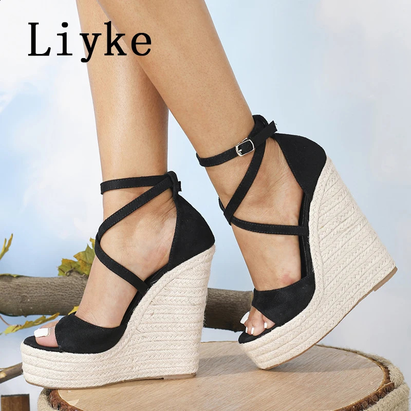 Liyke Size 3542 Platform Wedge Sandals Sexy Fashion Thick Bottom Open Toe Buckle Strap Black High Heels Woman Shoes Summer 2026 260626 - view 1
