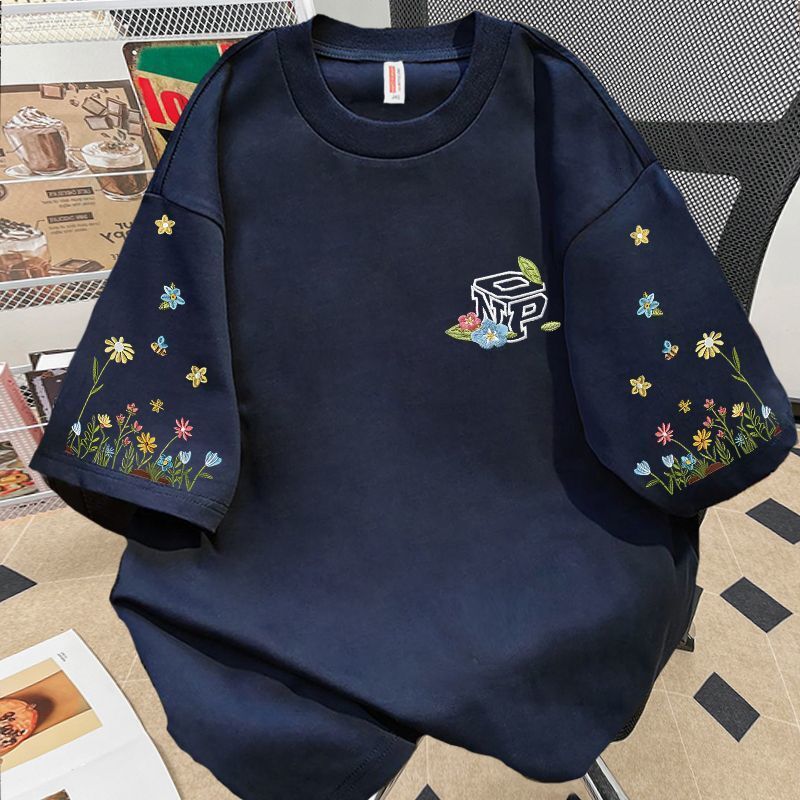 Floral American-Style Trendy Brand Printed Pure Cotton Short-Sleeve T-Shirt Men Women, Vintage Street Style, Cool And Versatile, Suitable For Couples,