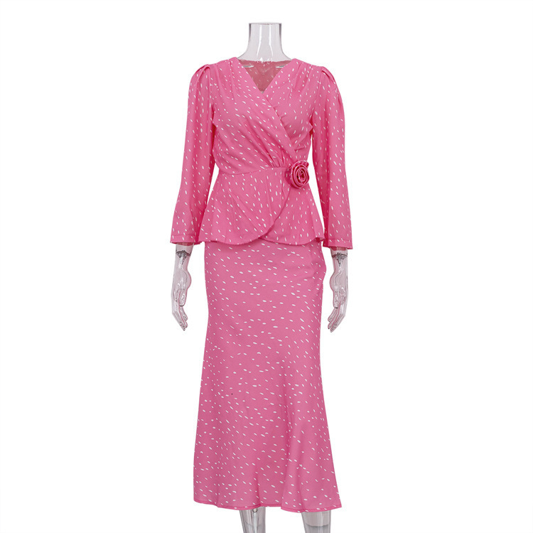 Women's Party Two-Piece Outfit, Matching Tweed Batwing-Sleeve Long-Sleeve Top with Lapel Neck and Waist Accent, Geometric Printed Bodycon Skirt for Au - view 6