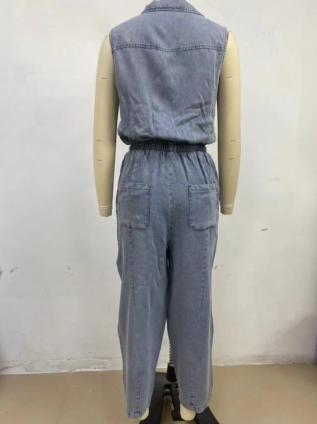 Women Jumpsuits Sleeveless Denim Pants One Piece Drawstring Pockets Rompers Solid Spliced Casual Button Jeans Overalls 260626 - view 7