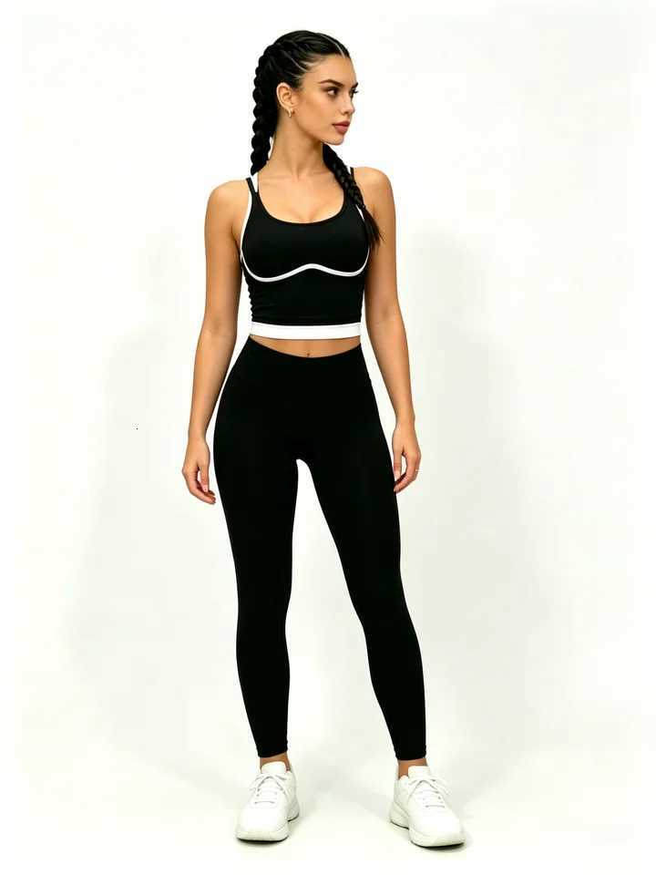 Yoga Set 2 Piece Womens Black White Contrast Sports Tank Top High Waist Leggings Workout Gym Fitness Activewear Tracksuit M260626 - view 4