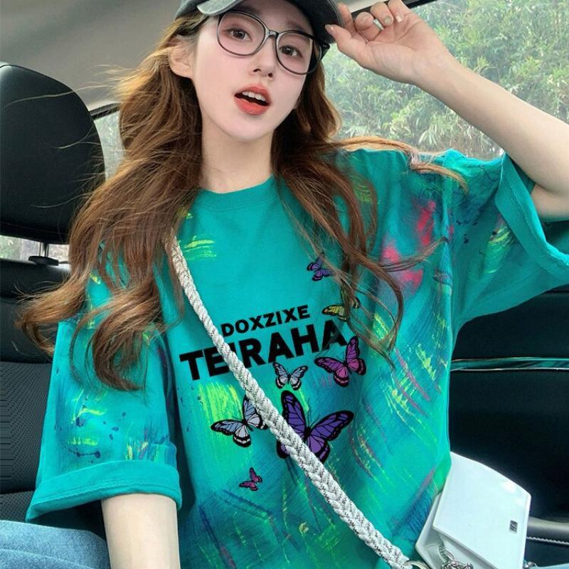Women's Avocado Green Graphic T-Shirt, 100% Cotton - Butterfly Petal Sleeve Top with Butterfly Print, Casual Short Sleeve Shirt for Daily Outfits and  - view 3
