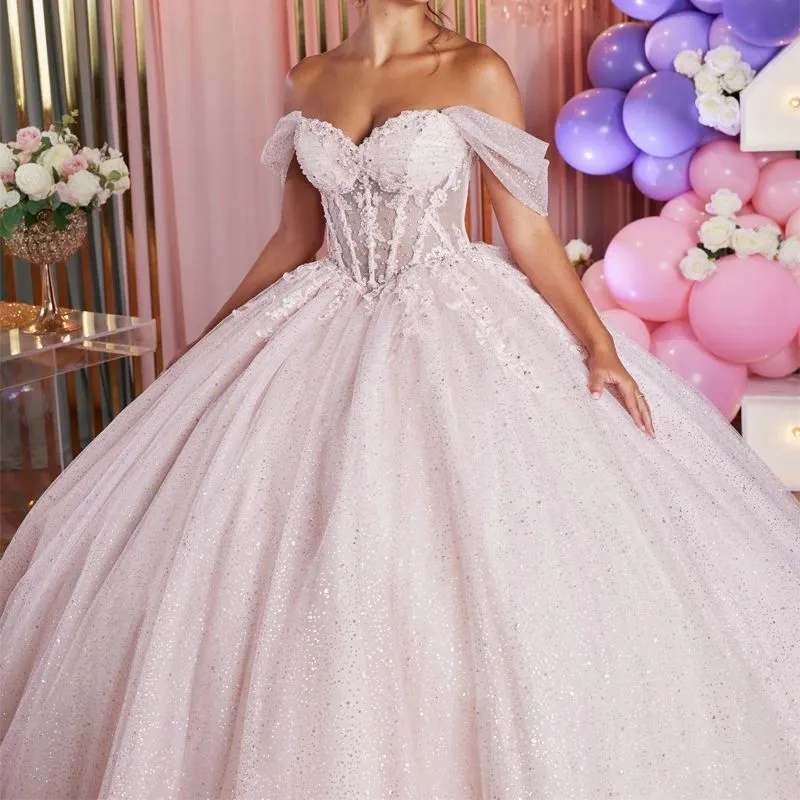 Light pink off-shoulder folded small flutter sleeves fishbone lace sparkling mesh big ball gown Quinceanera fairy-like dress - view 4