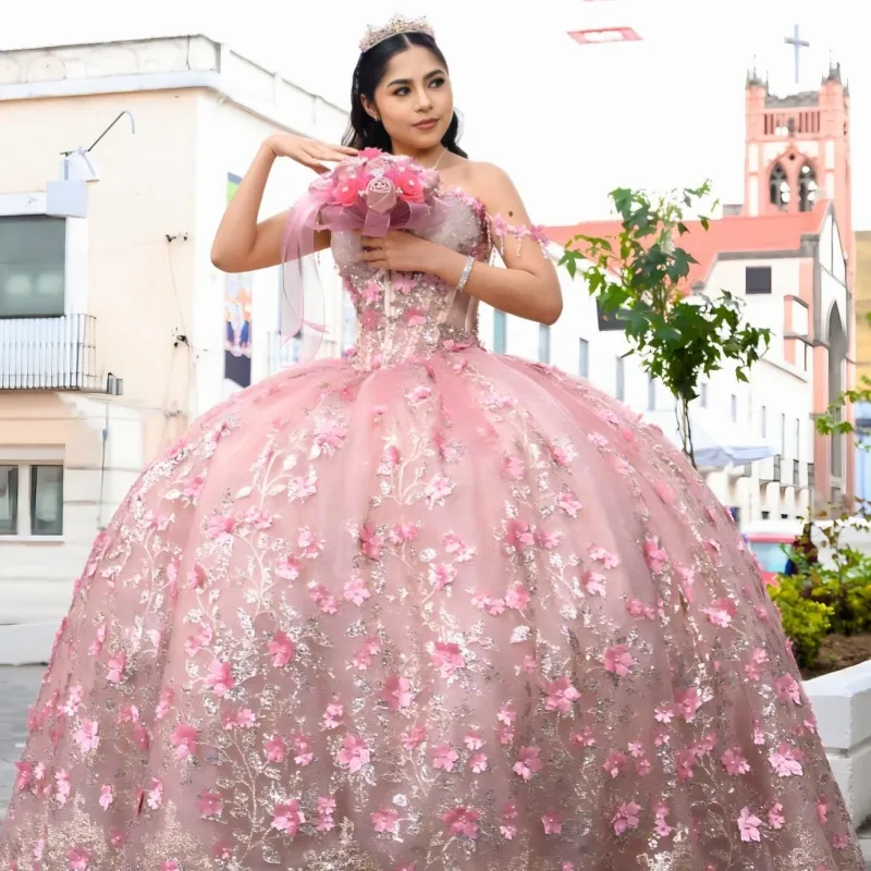 Rose pink strapless tassel shoulder fishbone corset mesh ball gown Quinceanera gentle princess dress - view 3