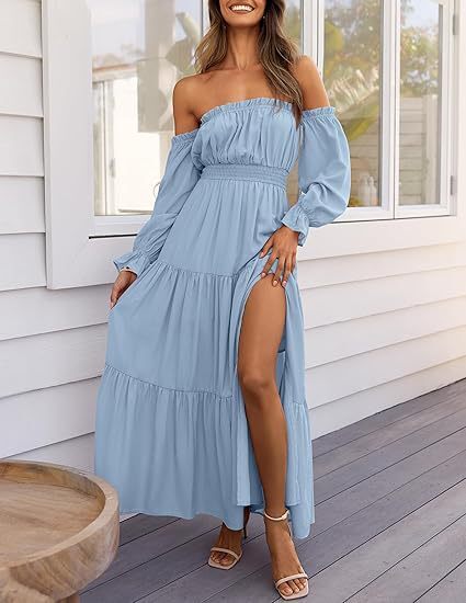 2025 Bohemian Sexy Off-Shoulder Long-Sleeve Ruched High-Waisted Side-Slit Flowing A-Line Layered Maxi Dress - view 9