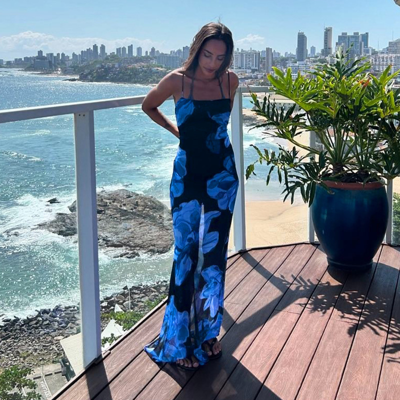 WQ25038PFO Halter Neck Backless Tie Dress 2025 Summer Beach Vacation Printed Maxi Dress - view 4