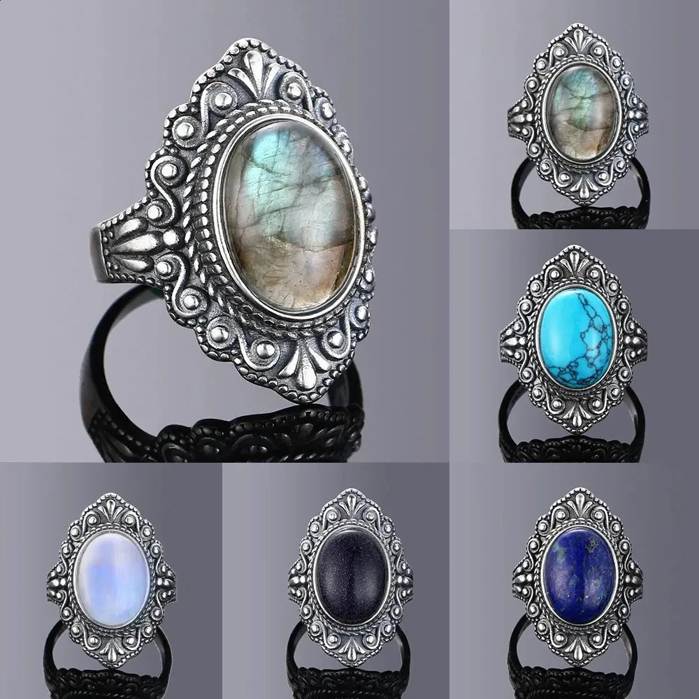 Retro Silver Plating Ring Oval Natural Labradorite Rings for Women Finger Gemstone Party Gift Jewelry 260625