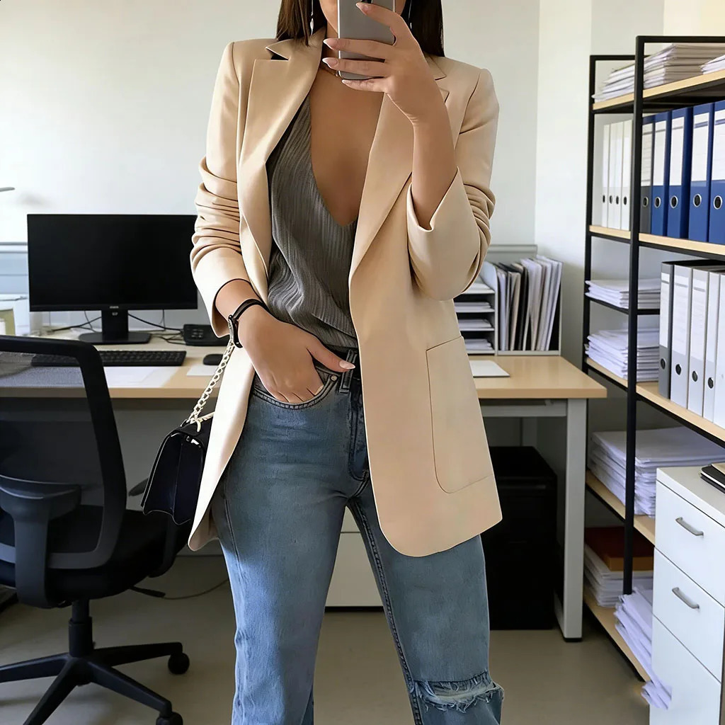 2026 Elegant jacket Womens Suit Single office Casual British Professional Buttonless suit collar pocket simple coat top 260625 - view 4