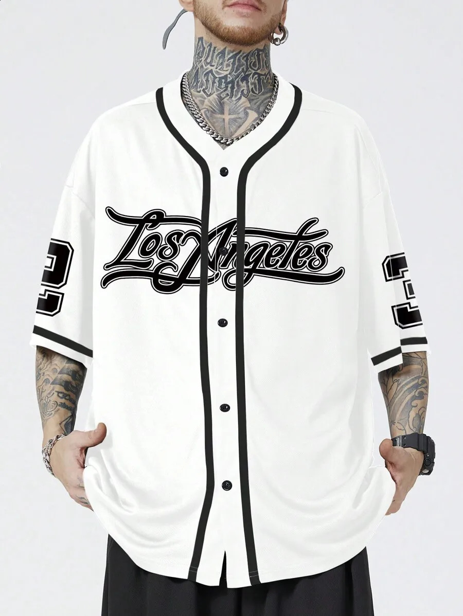 Men White Short Sleeve Baseball Shirt With Contrast Trim And Los Angeles Letter Print Casual Street Style 260626