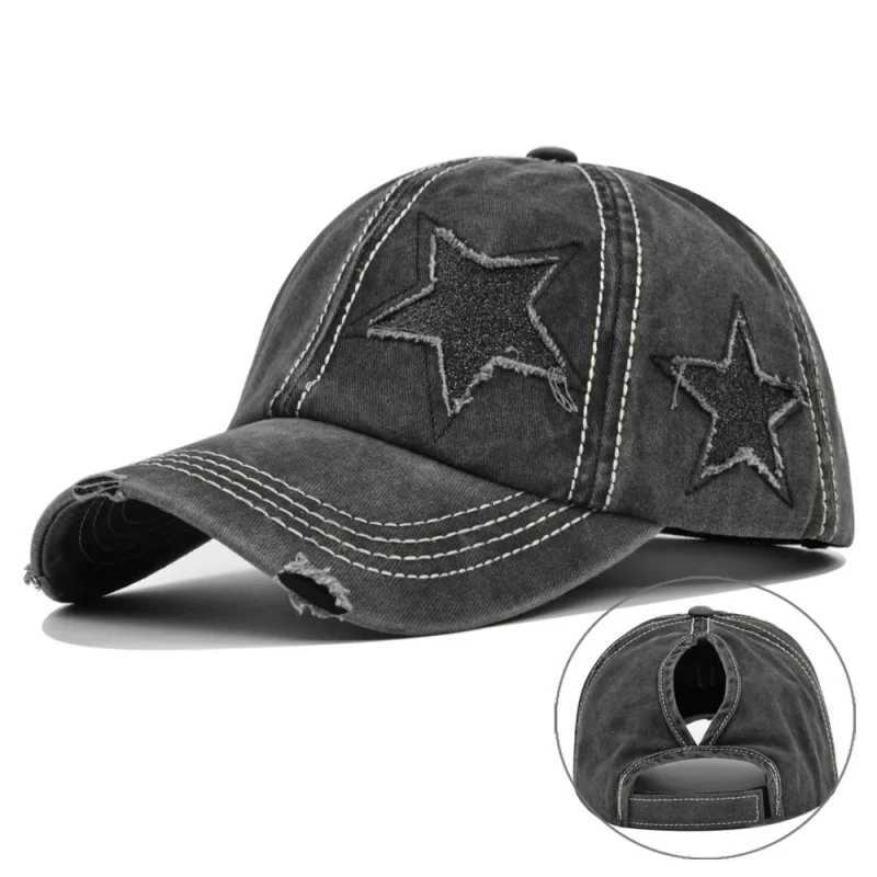 Washed Women Ponytail Baseball Cotton Sun Hat Female Pentagram Sequins Hip Hop SnapHats Adjustable Sport Hat Gorra M260626 - view 7
