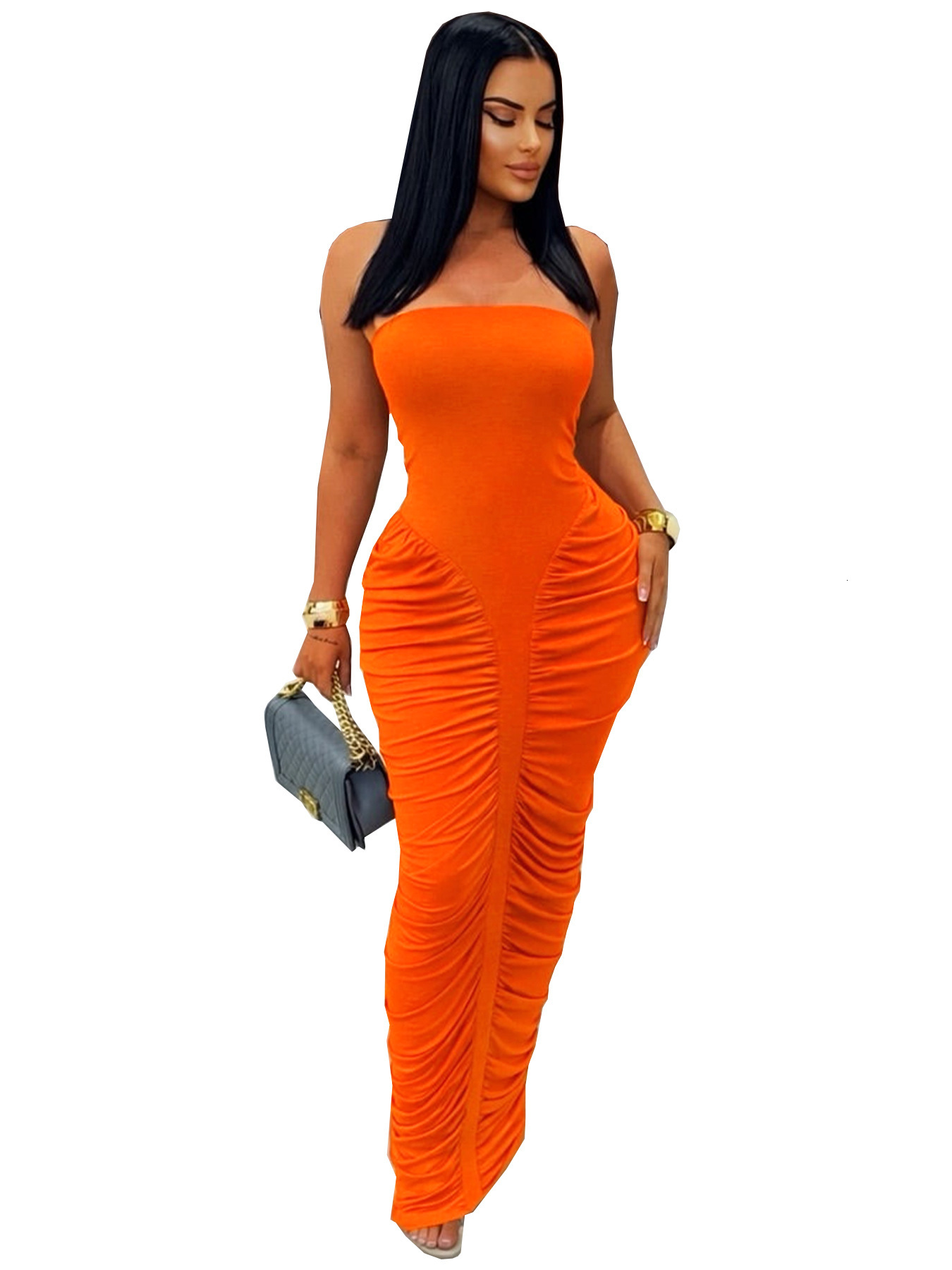 TW853 Womens Sexy Bodycon Long Dress with Wrap Chest and Pleated Design Solid Color Fashionable Casual Dress - view 9