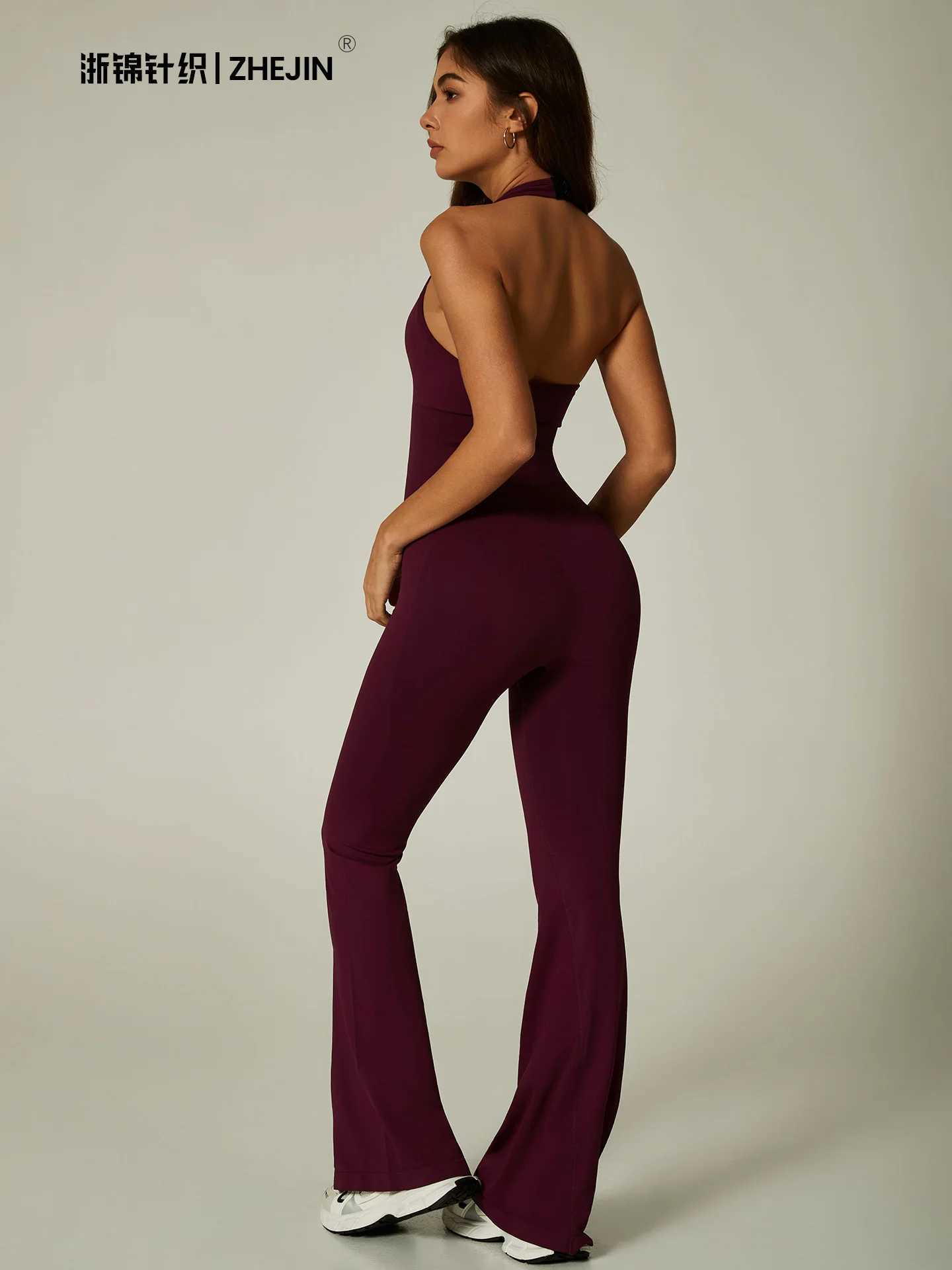 Halter Neck Sexy Jumpsuit V Women Flare Leg Yoga Romper Backless One Piece Gym Workout Bodysuit Tummy Control Fitness Activewear M260626 - view 4