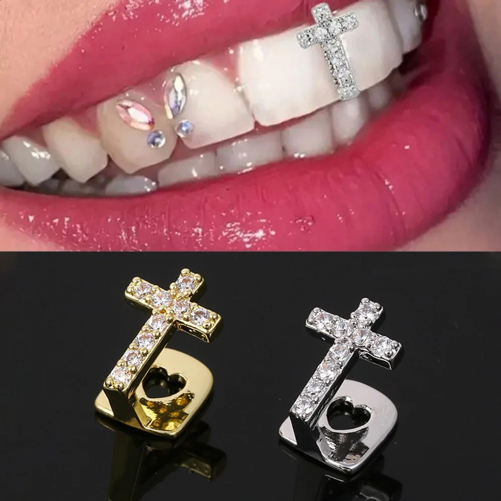 Cool Series Zircon Cross Single Tooth Grillzs Cap Heart Hollow Base Rhinestone Teeth Grill Hip Hop Dental Jewelry Party Teeth 260626 - view 3