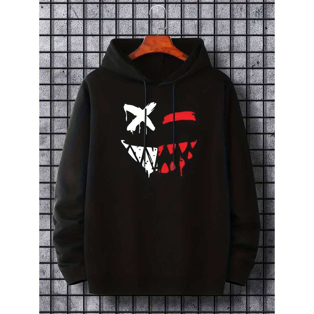 Men's open toothed smile print design hooded sweatshirt is comfortable loose suitable for casual wear and outdoor activities W260626 - view 1