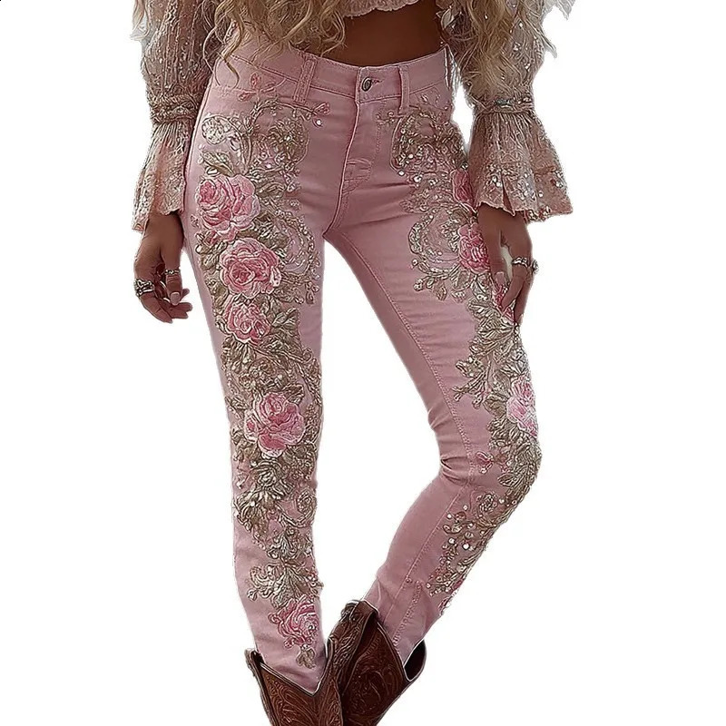 Womens European American Style Floral Print Jeans Straight Leg Casual Denim Pants 260625 - view 4