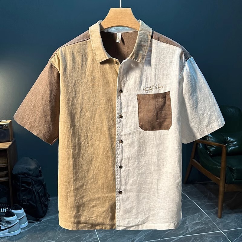 Two-Tone Linen Shirt, New Men's Summer Loose Casual Patchwork Top, Japanese-Style Thin Trendy Short-Sleeve Shirt - view 3