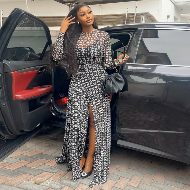 Womens Commuter Maxi Dress Womens Printed High Neck Long Sleeve Waist Cinch Semi Transparent Slit Long Gown For Women Daily Office Dinner Vacation Out - view 3